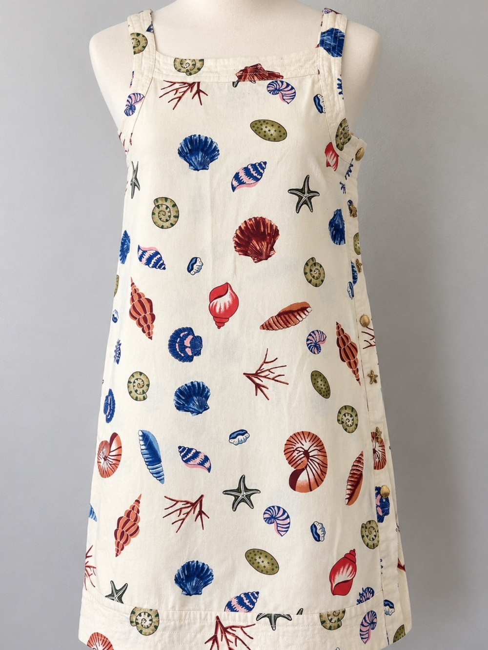 Cynthia Rowley Linen Seashell Shift Dress S Coastal Nautical Gold Buttons